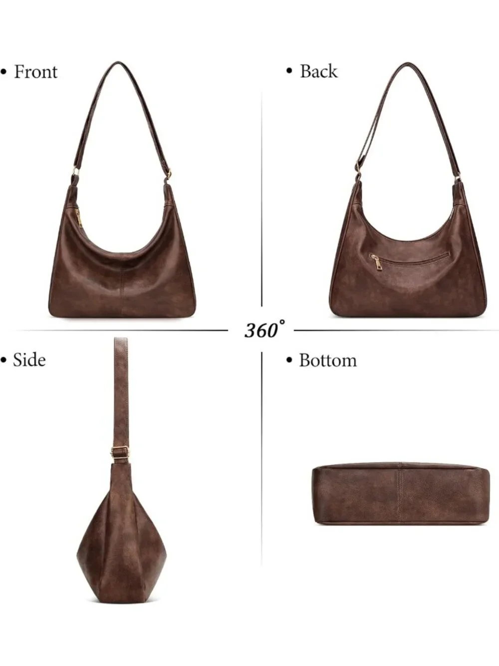 Soft Vegan Leather Slouchy Hobo Bag - Foldable Shoulder Tote Purse with Zipper